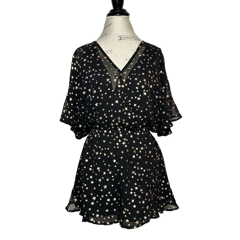 If By Sea Los Angeles | Women | Black Ruffle Gold Star Print Romper | Medium - Picture 2 of 14